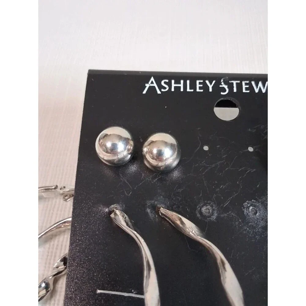 Ashley Stewart Silver Toned Twisted Metal Oversized Hoops Stud Earrings Set of 4